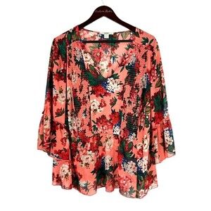 New Vintage America Blues Women Sz 1X Pink Blouse Floral Smocked Chiffon Top N1